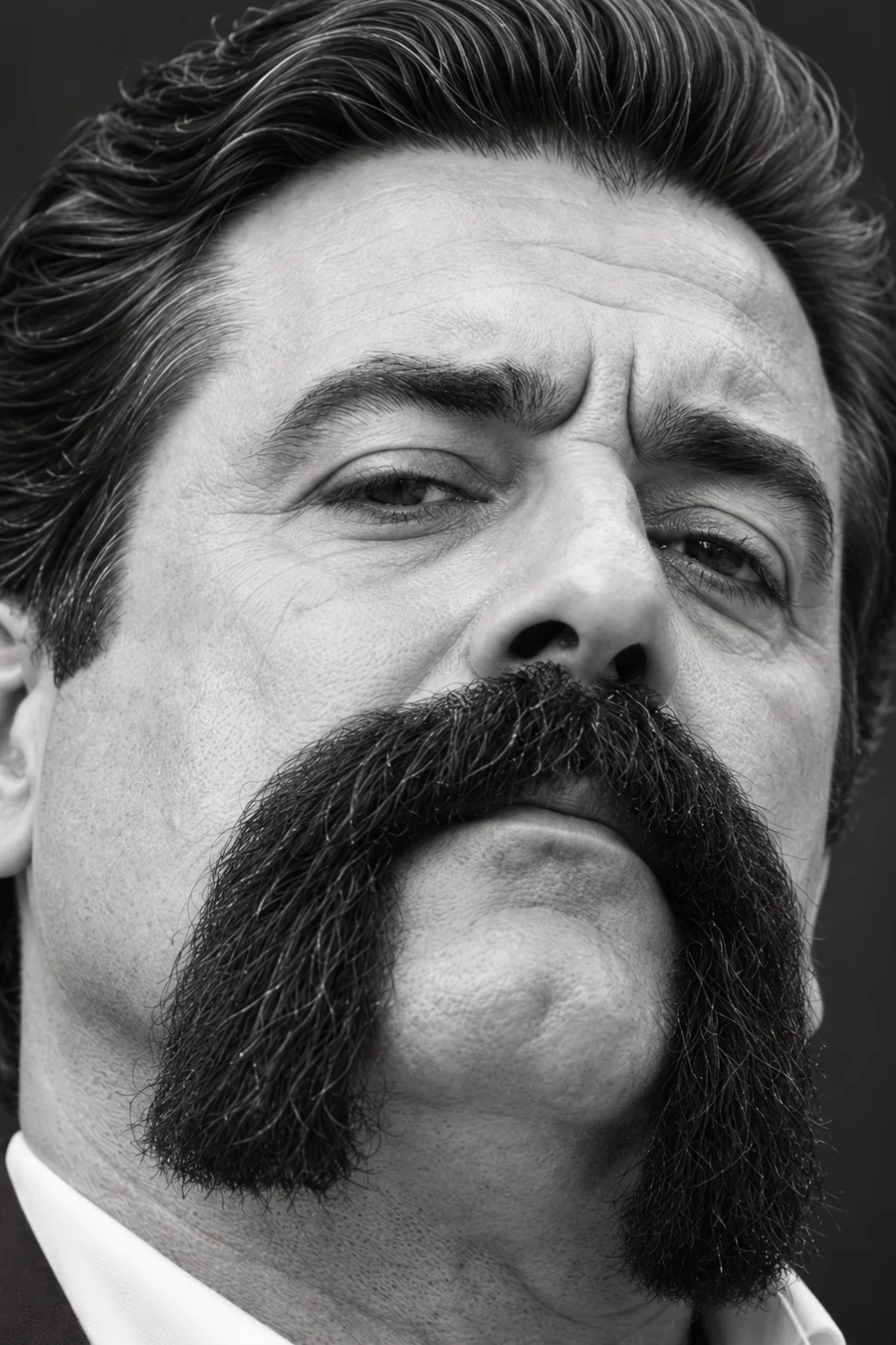 An extremely serious close-up of RICO and his enormous moustache.